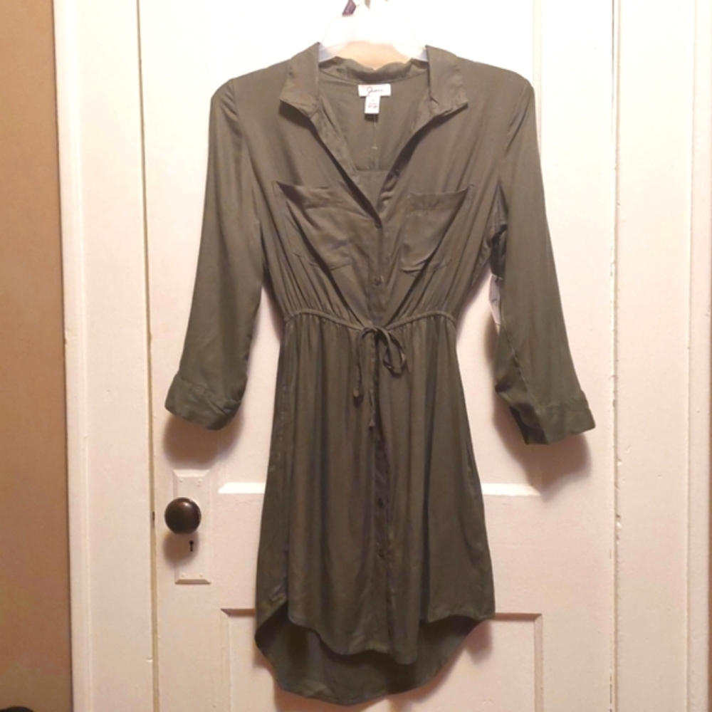 Japna Long Sleeve Shirt Dress with Drawstring Waist In Army Green